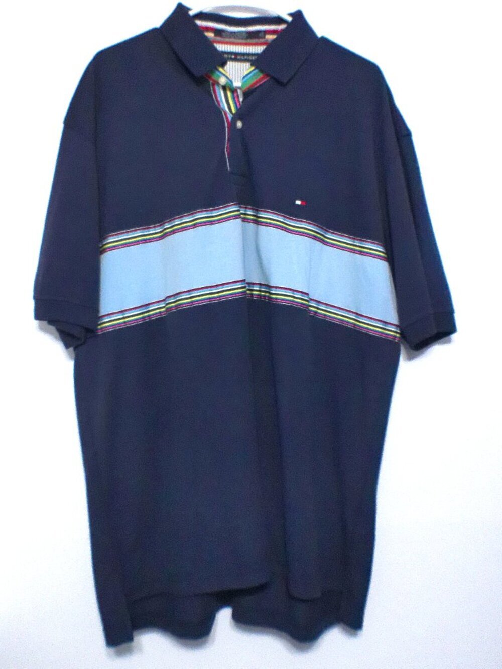 Tommy Hilfiger Polo Shirt Men XL Navy Sewn Stripe Short Sleeve Cotton Blend